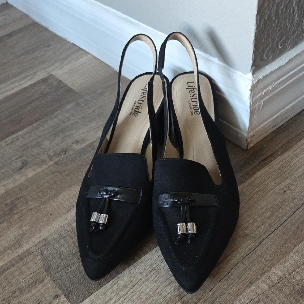 Life Stride Black Pointed Slingback Loafer Style Block Heels with Tassel Accent